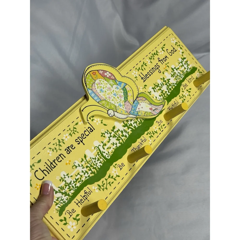 Vintage Homemade Butterfly Yellow Blessing Peg Wall Coat Robe Cap Rack Signed